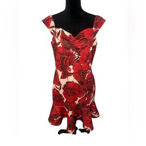 BOSTON PROPER RED/WHITE FLORAL ELEGANT COCKTAIL DRESS WOMENS SIZE 14